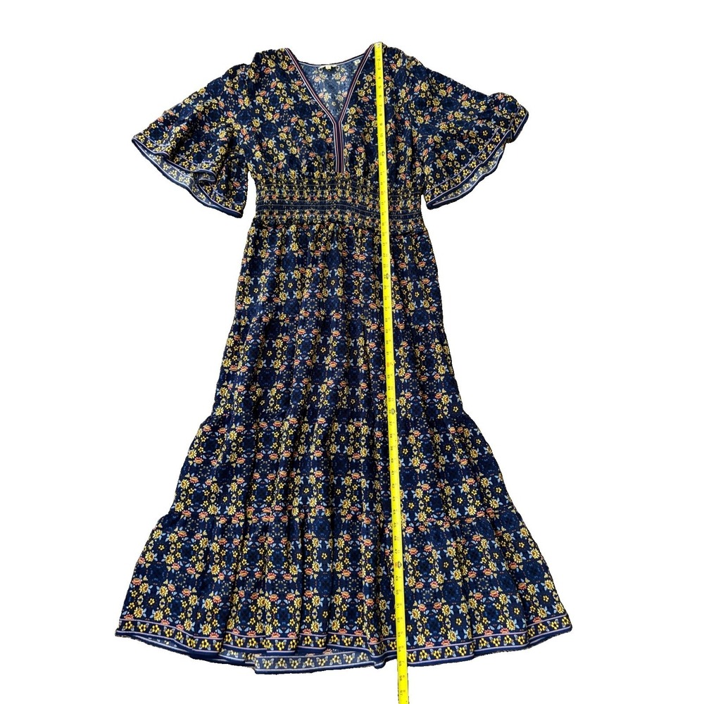 Max Studio London 1X Blue Floral Smocked Maxi Flutter Sleeve Cottagecore Boho - Picture 9 of 9